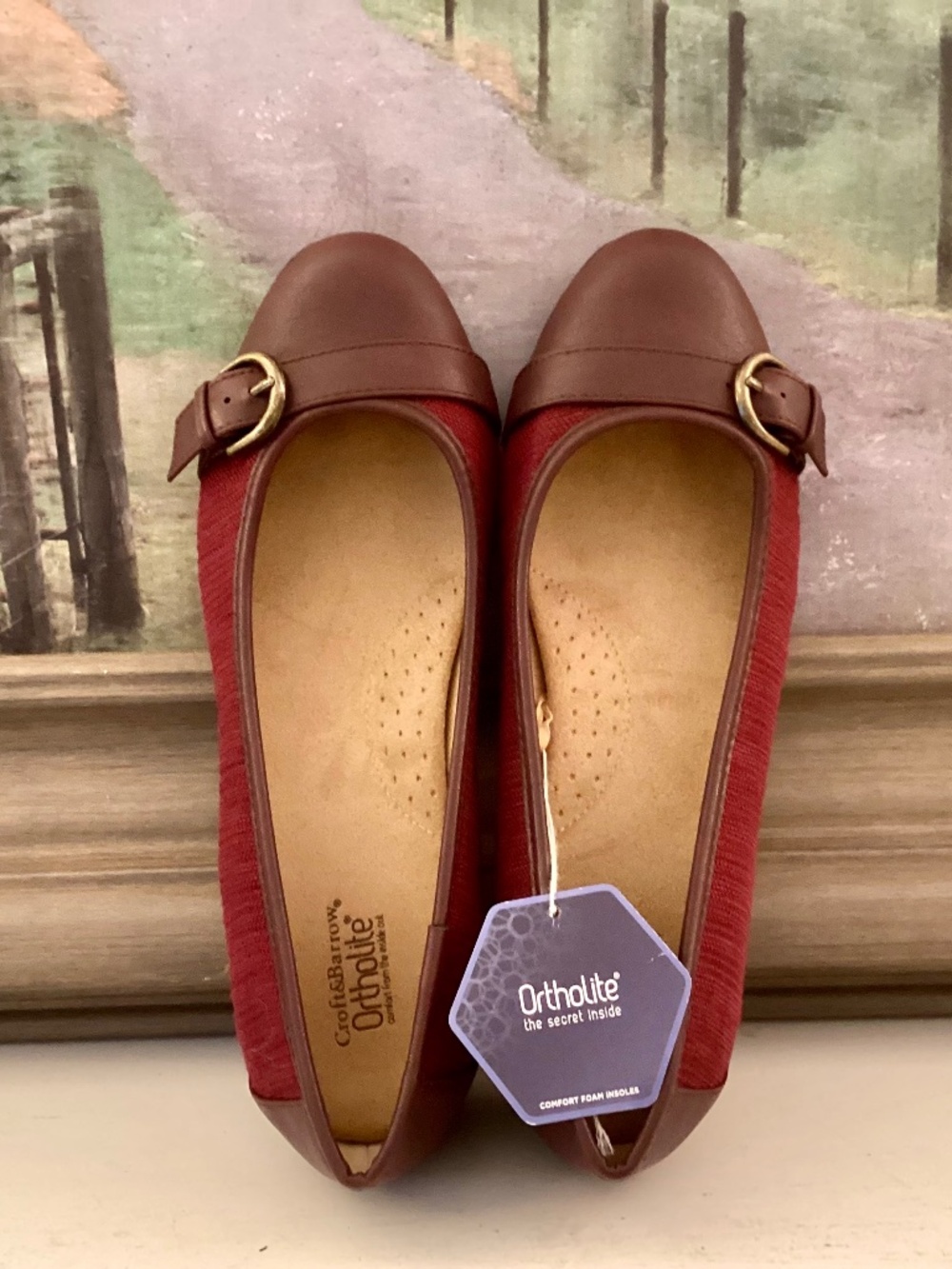 Croft & Barrow Women 8.5 M Wind Red Textile Two Tone Flats Buckle Ortholite NWT